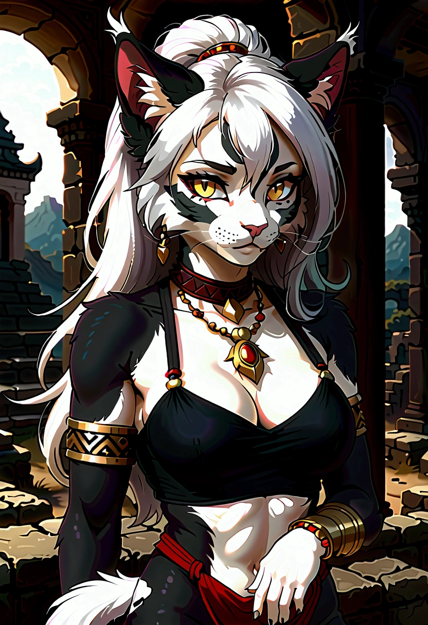 ((Best Quality, Masterpiece, perfect anatomy, detailed picture)), furry, 1 woman, pantera, two tone skin, black body, gray fur, sexy, long white hair, ponytail hair, fluffy feline tail, yellow sclera, tribal tattoo, earrings, red blush, shy, in the ruins, portrait, illustration, gold necklace add_detail:1 ,gold bracelet add_detail:1, navel piercing, Its silhouette has double exposure and you can observe the universe.._detail:1