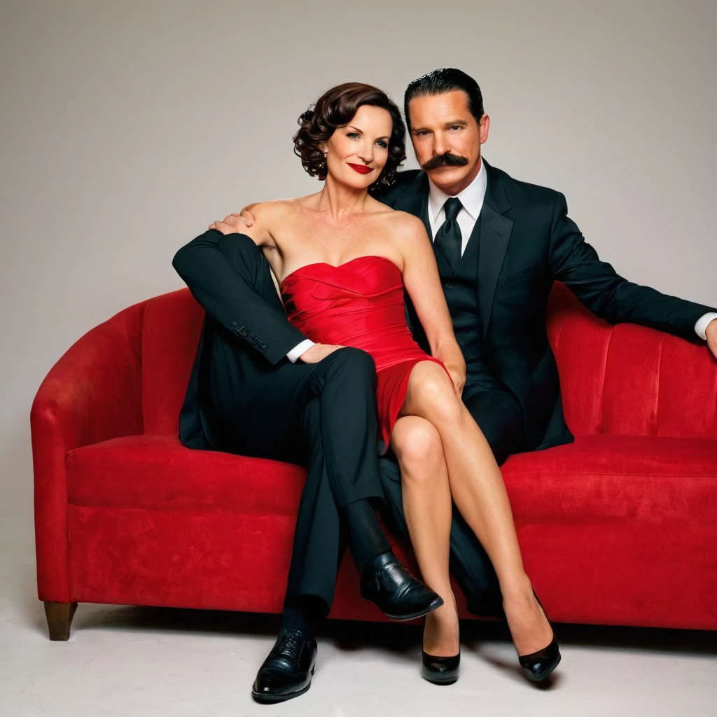 The man in his 45s with black very short hair and smooth face with moustache. The woman in her 45s with brown long wavy hair. The man is dressed in a black suit. The woman is wearing red strapless dress. The man and the woman are sitting on black sofa with legs crossed. Hugging. White background. Studio. Posing for magazine cover. HDR. UHD. Cinematic.
