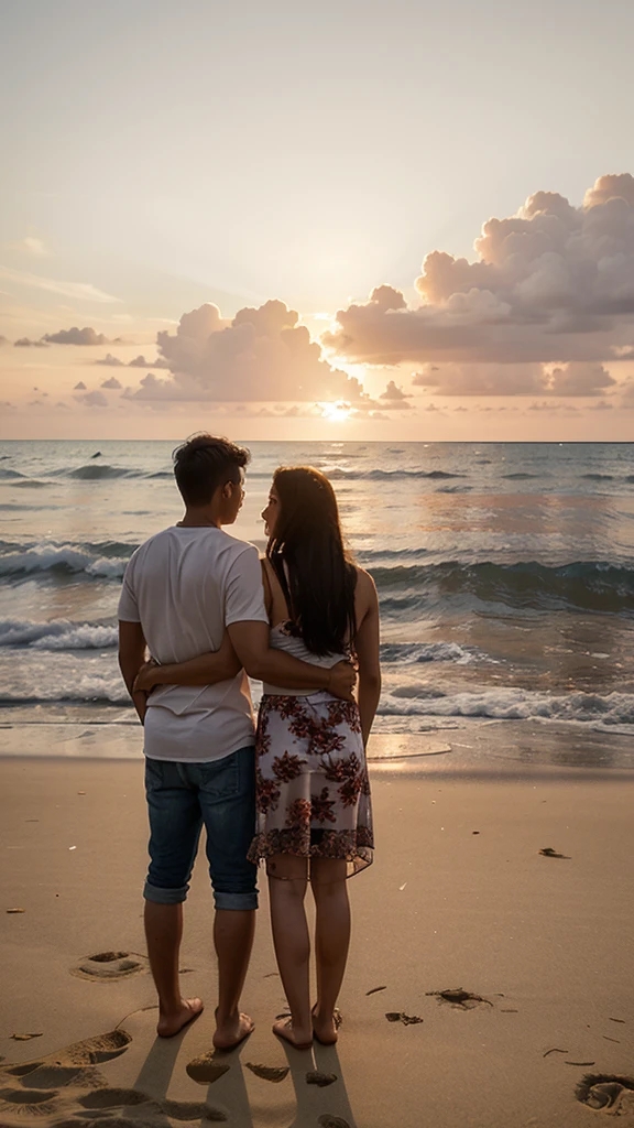 a couple watching the Sunset in a beach, looking the horizon