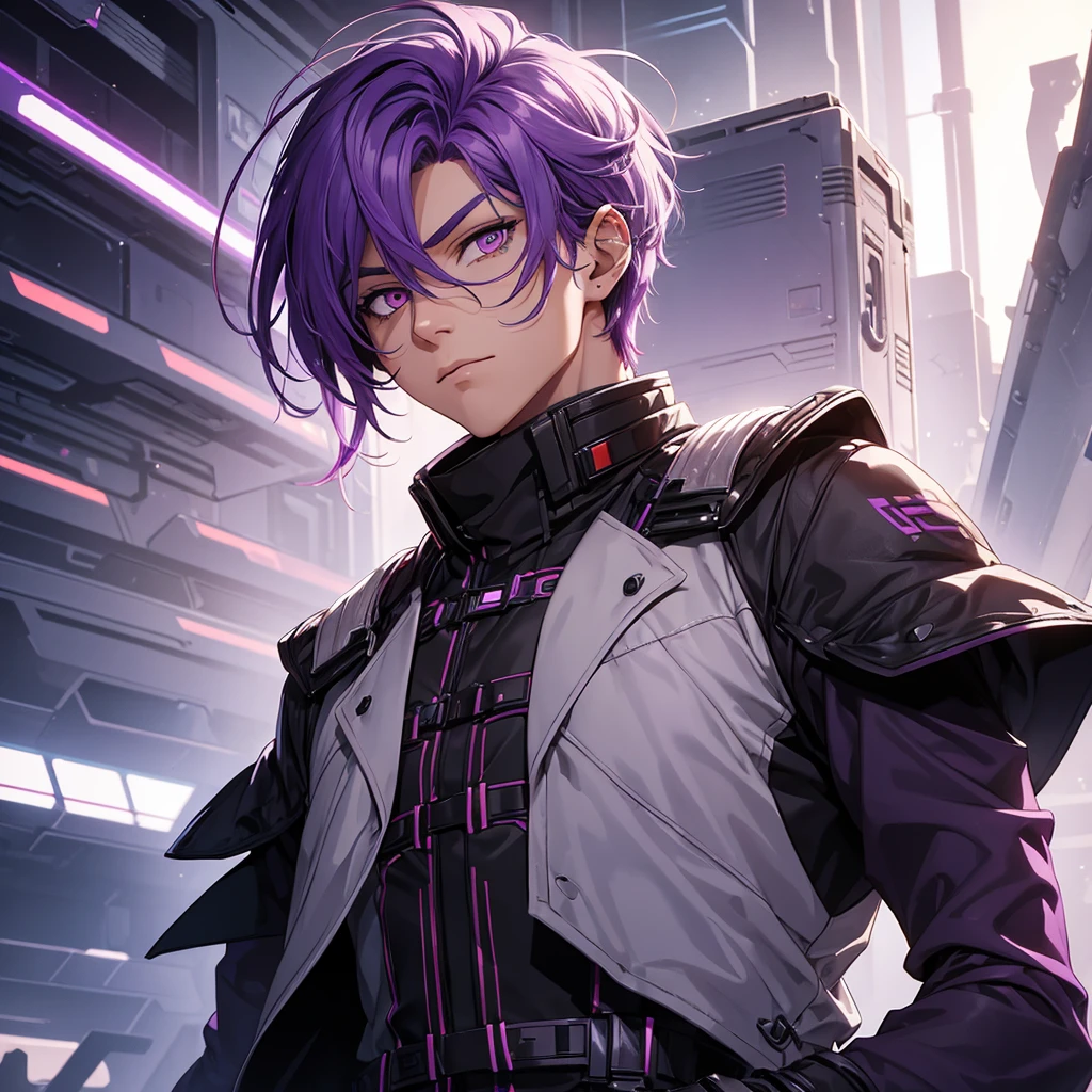 make a man with purple hair. he must have orange eyes and be in a futuristic setting
