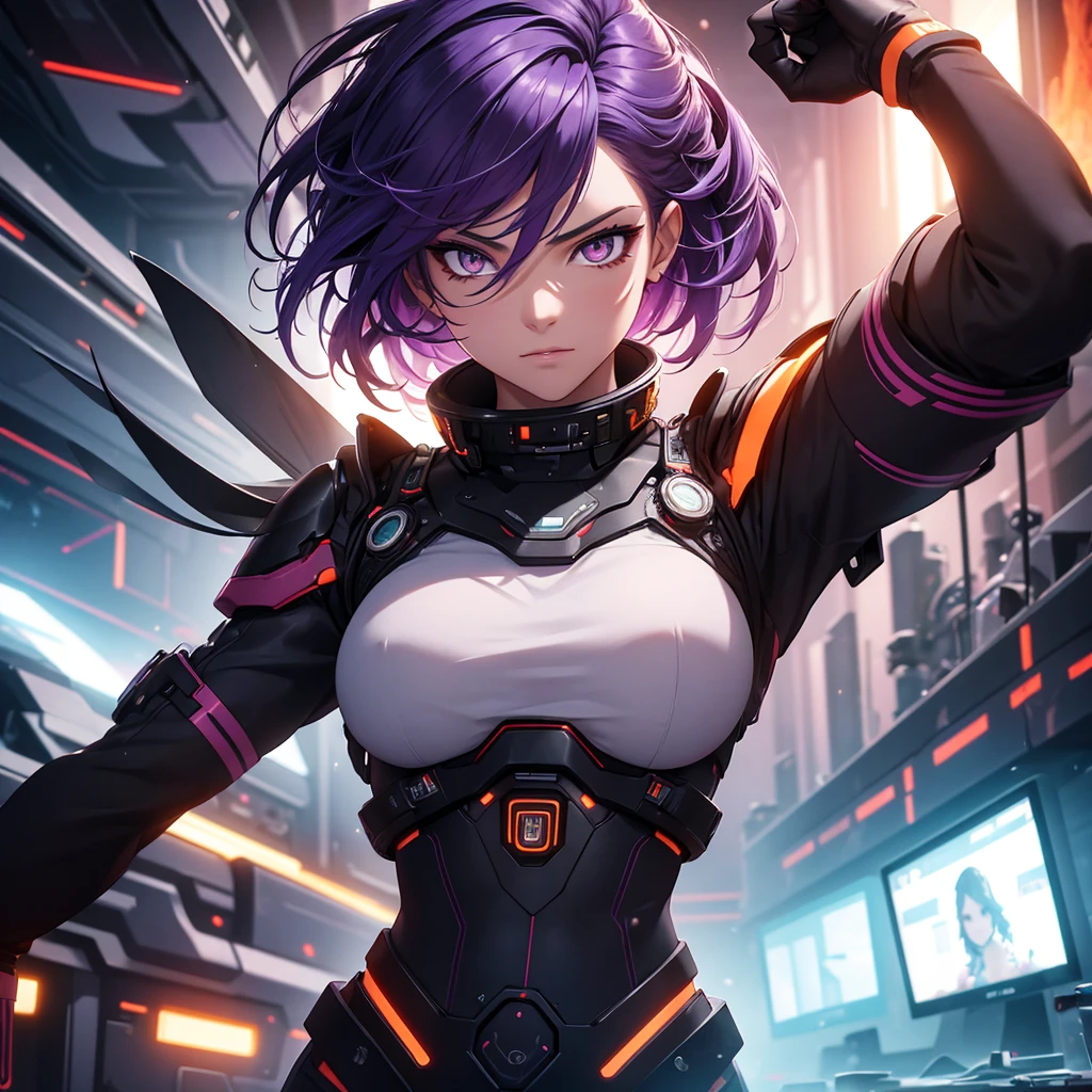 a man with purple hair, orange eyes, futuristic background, best quality, 4k, 8k, highres, masterpiece:1.2, ultra-detailed, realistic, photorealistic, photo-realistic:1.37, HDR, UHD, studio lighting, ultra-fine painting, sharp focus, physically-based rendering, extreme detail description, professional, vivid colors, bokeh, science fiction, cinematic lighting, dramatic shadows, glowing eyes