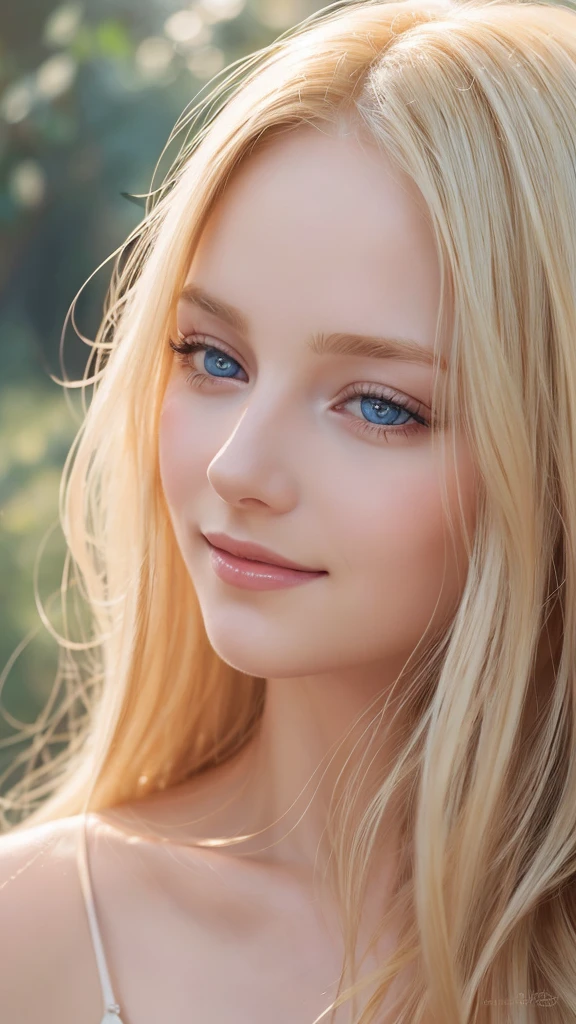 Gentle portrait of a beautiful blonde woman, flowing golden hair, Captivating blue eyes, delicate features, bright smile, Natural makeup, dress elegantly, gentle expression, subtle blush, Warm skin tones, ethereal lighting, soft shadows, high-resolution digital painting, realistic style, artistic interpretation, by a skilled portraitist.