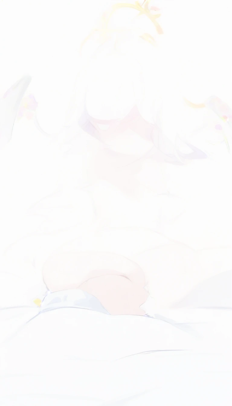 beautiful, masterpiece, Highest quality, anime, One girl, C Cup,Portrait Shot, View your viewers, Intricate details,>,((Covered、Short Hair、nearby、Blue Eyes、art、、White hair,Blue streaked hair、wallpaper、、hairpin、smile、Angel、Nipples、Thighs、Halo、、Lying on your back、、Armpit、white_liquid、BODY ON Honey、
