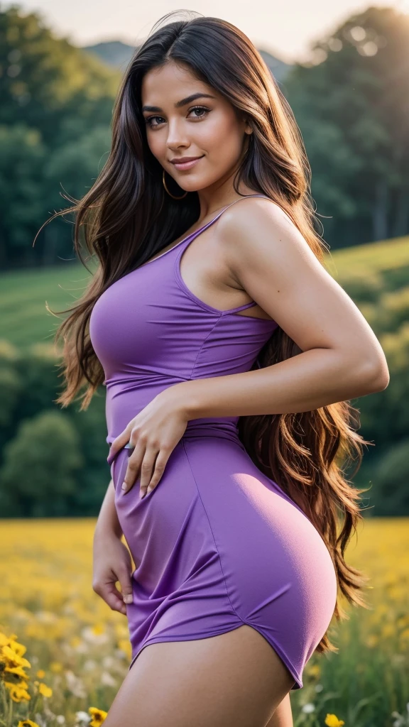 realistic body shot photo of spanish chubby smiling long hair woman dancing in front of camera wearing a purple cotton dress, meadow, glamour photoshoot, perfect anatomy, Perfect butt. Perfect hands with 5 fingers on each hand. fit girl, looking into the camera, strong hip:1.2, wide hip:1.3, 26 yo woman. (Eye makeup:1.1), (highly detailed skin:1.1), RAW, analog style, sharp focus, 8k UHD, DSLR, high quality, Fujifilm XT3, grain, award winning, masterpiece.