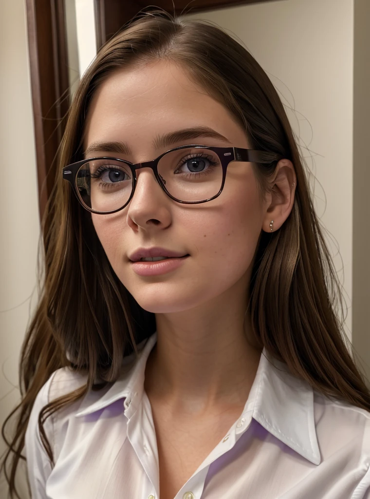 a beautiful 19 year old american woman,long brown hair,glasses,busty,pale white skin,purple collared shirt,mirror selfie,detailed face,intricate facial features,macro detail,detailed eyes,detailed lips,beautiful detailed skin,high quality,photorealistic,8k,ultra-detailed,realistic,vivid colors,natural lighting,warm color tones,portrait