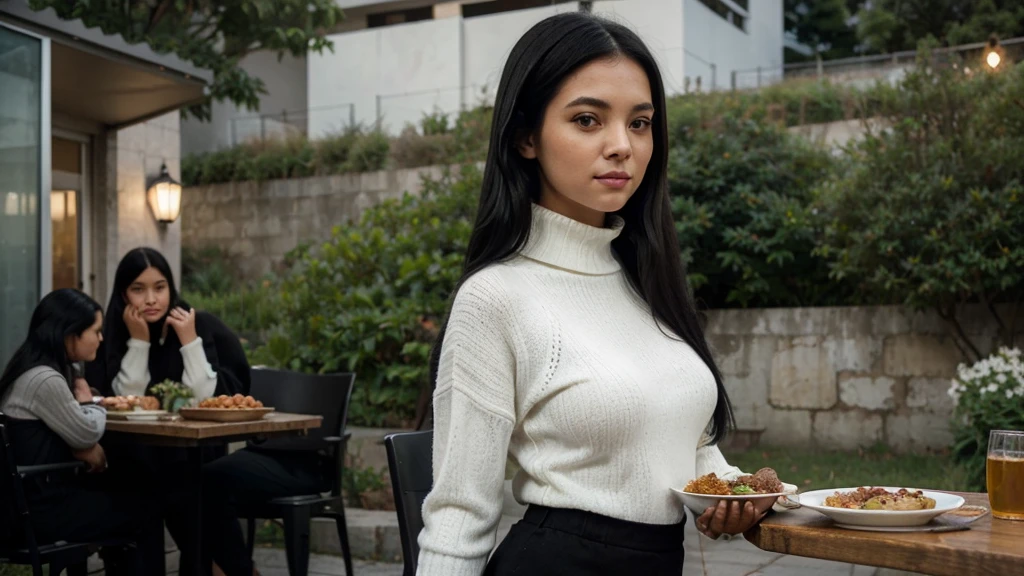 a girl(who is wearing white highneck sweater and black pant, long black hair ) is serving food to an old women with a plate of food in both of her hand, side pose,more realistic, background green hills, evening scene