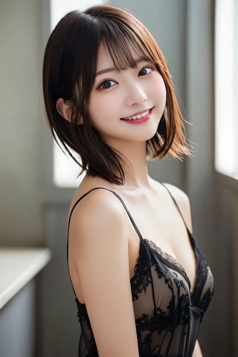 Highest quality, (beautiful)、Super delicate eyes、Brown eyes、22-year-old female、Brown Hair、smile、looking at the camera、Semi-short hair、Gal、negligee、Head to waist