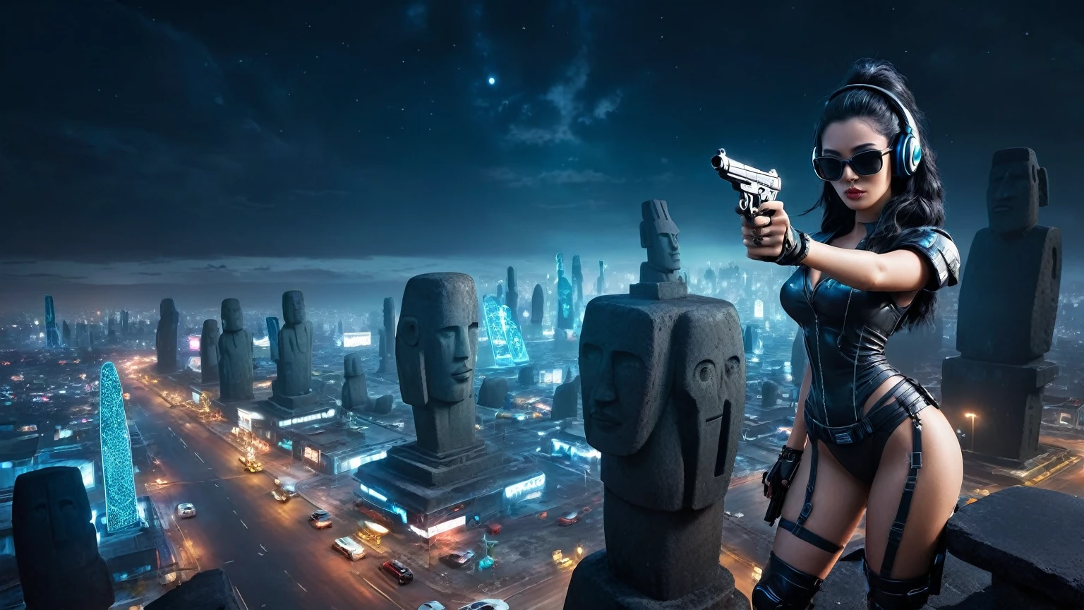 At night, dark sky, distant shot aerial view of fantasy cyberpunk style ice ((Moai-statue)) city, ((flying car)). ((1girl, solo, alone)), medium-breast:1.1 slim body, cleavage, sexy clothes, (headphone, black sunglasses, long black realistic hair), (((hip-up standing and holding pistol))), half-body thigh level medium shot, cinematic lighting.