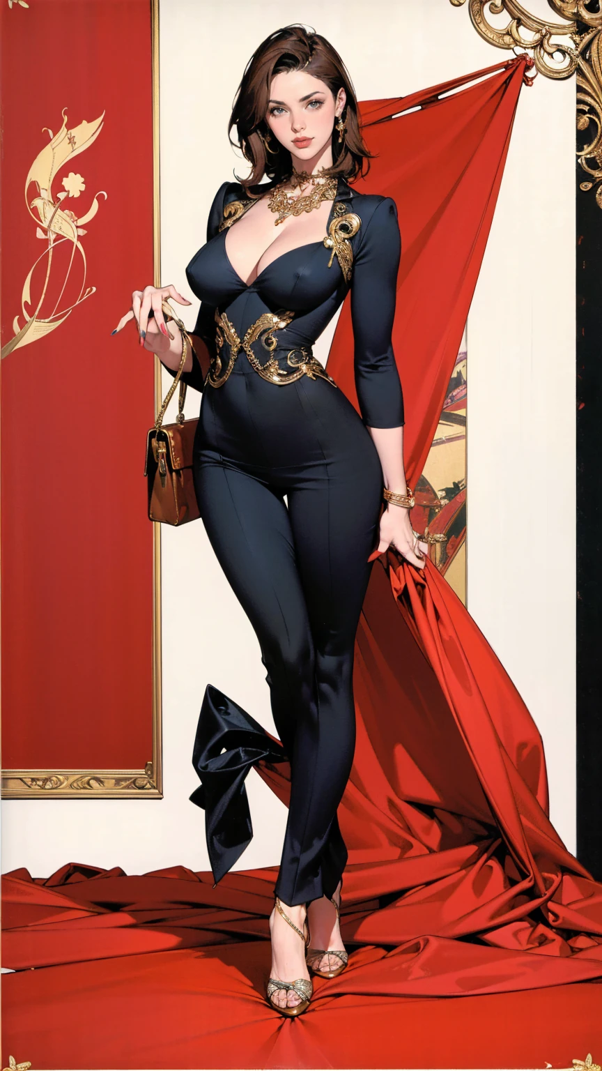 (ultra-detailed, photorealistic, best quality,4k,8k,highres,masterpiece:1.3), Cuban woman, age 28, real estate agent, very attractive, allure physique, She uses flirtatious behavior and seduction as tools to close deals, Always dressed provocatively, her outfits enhance her high sex appeal and contribute to her successful career, Her outfit includes a Top: A low-cut, fitted blazer from Balmain that's bold and provocative, yet maintains a professional edge, Bottom: A pair of tailored, high-waisted trousers from Stella McCartney that highlight her figure while keeping the look business-appropriate, Shoes: A pair of strappy, high-heeled sandals from Jimmy Choo adding a touch of glamor and height, Accessories: A statement choker necklace from Alexander McQueen and a Bulgari Serpenti bracelet that add a touch of luxury and daring femininity, Bag: A bold, red leather tote from Saint Laurent for carrying documents and essentials, adding a pop of color to her outfit, (((intricate detail, super finely detailed hands, ultra finely detailed fingers, ten fingers, striding confidently, full body showcase, show full body))).