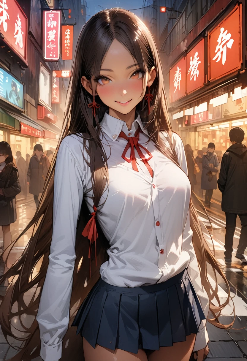 ((masterpiece,Highest quality:1.3,best quality illustration,realistic:1.4)),cowboy shot,独奏,1woman,(20-year-old、Japanese Beauty)、brown hair,long hair,(center parted bangs),brown eyes,gorgeous eyes,((very small head:1.3)),smile,,((very long body:1.2,skinny)),medium breasts,(tan skin:1.3),(Red ribbon tie、White collared shirt、Long sleeve navy blue pleated mini skirt),gleaming skin,toned body,slender body,on street,Shibuya Station、