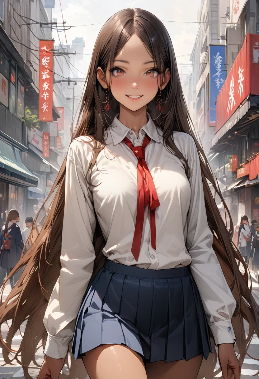 ((masterpiece,Highest quality:1.3,best quality illustration,realistic:1.4)),cowboy shot,独奏,1woman,(20-year-old、Japanese Beauty)、brown hair,long hair,(center parted bangs),brown eyes,gorgeous eyes,((very small head:1.3)),smile,,((very long body:1.2,skinny)),medium breasts,(tan skin:1.3),(Red ribbon tie、White collared shirt、Long sleeve navy blue pleated mini skirt),gleaming skin,toned body,slender body,on street,Shibuya Station、