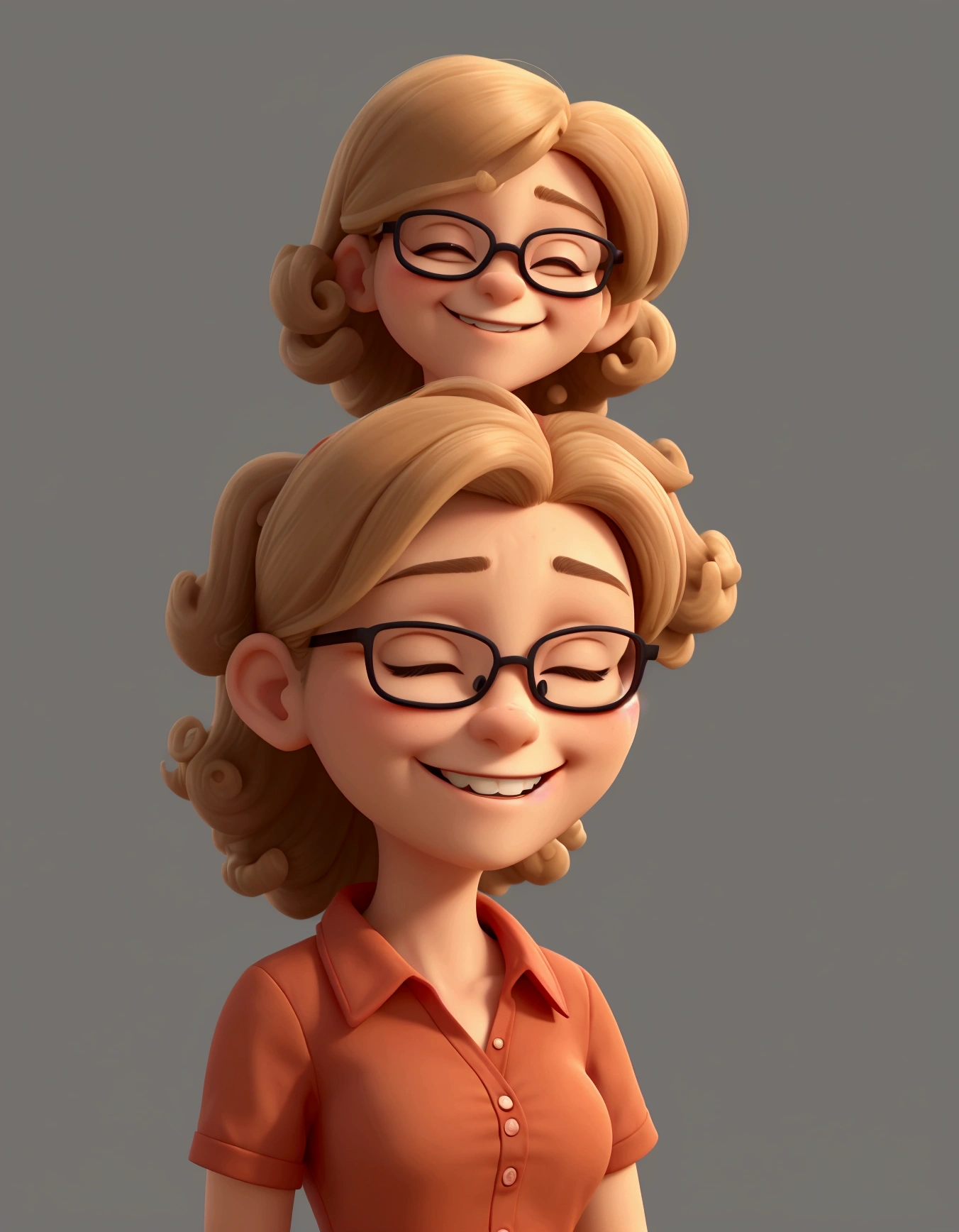 Using the attached photo as a reference, create an image of a woman with a smile and visible teeth, closed eyes, square chin, with curly hair falling to the side, black with blonde hair, with cat-eye glasses, red blouse, with raised arm and closed hand , transparent background