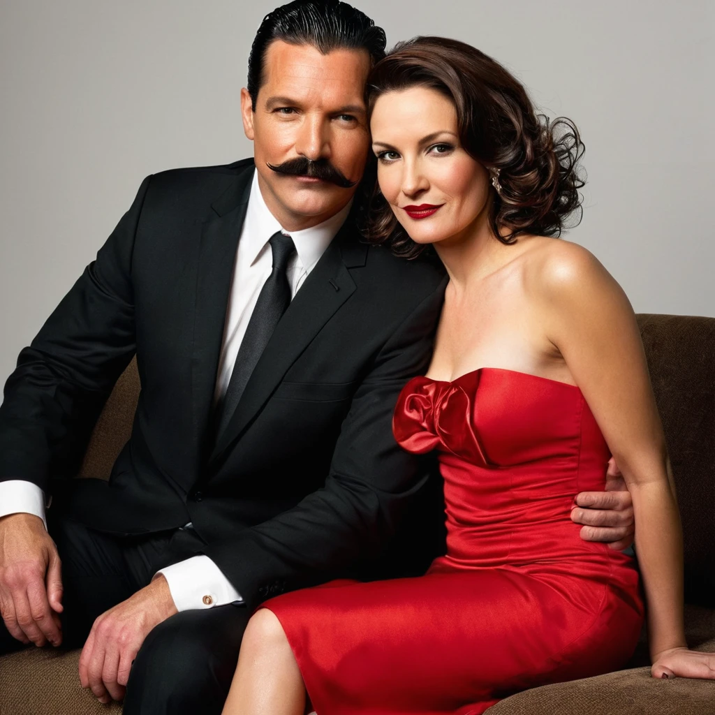 The man in his 45s with black very short hair and smooth face with moustache. The woman in her 45s with brown long wavy hair. The man is dressed in a black suit. The woman is wearing red strapless dress. The man and the woman are sitting on black sofa with legs crossed. Hugging. White background. Studio. Posing for magazine cover. HDR. UHD. Cinematic.