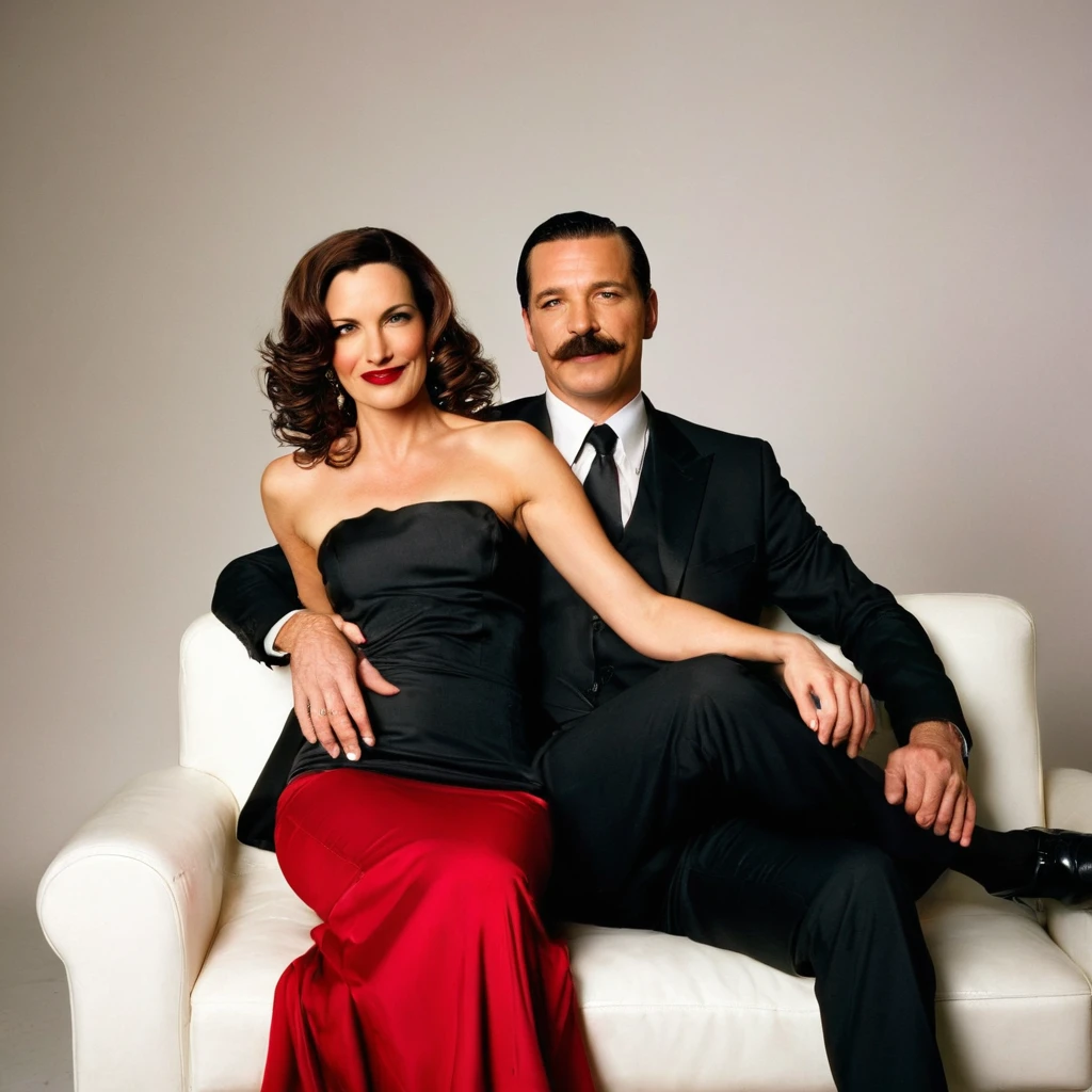 The man in his 45s with black very short hair and smooth face with moustache. The woman in her 45s with brown long wavy hair. The man is dressed in a black suit. The woman is wearing red strapless dress. The man and the woman are sitting on black sofa with legs crossed. Hugging. White background. Studio. Posing for magazine cover. HDR. UHD. Cinematic.