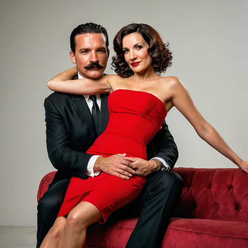 The man in his 45s with black very short hair and smooth face with moustache. The woman in her 45s with brown long wavy hair. The man is dressed in a black suit. The woman is wearing red strapless dress. The man and the woman are sitting on black sofa with legs crossed. Hugging. White background. Studio. Posing for magazine cover. HDR. UHD. Cinematic.