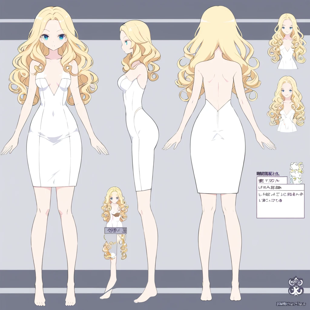 Woman 170cm tall, medium chest, wide hip. (character design sheet: front view). (blonde hair, hip length curly wavy hair, It&#39;s set in big side bangs., She has a short double braid tied with an elegant purple bow on the left side of her hair above her chest. She has a short double braid tied with an elegant purple bow on the right side of her hair above her chest. She has small ribbons in the back of her hair.). Gray eyes with a purple 4-pointed star in the pupil. Two black and purple serval ears located on the top of the head. Luminous black halo with purple star patterns above his head. black necklace with a heart emblem on the neck. (Elegant one-piece long dress with lace and ruffle skirt, ribbon decorations and star patterns on the dress). black gloves, beautiful black platform heels. gray belt at the waist with a large ribbon with a luminous pink heart in the middle. He has a complex demon tail with a small purple star on the tip.. (It has complex mechanical legs that reach up to the thighs and are black with small purple details.). beautiful detailed hair, beautiful detailed dress. extremely detailed arms. extremely detailed face, small face, Beautiful detailed eyes, beautiful detailed lips. adorable. extremely detailed legs. (Best Quality, 4k, 8k, high resolution), ultra detailed, Exquisite and epic character art.