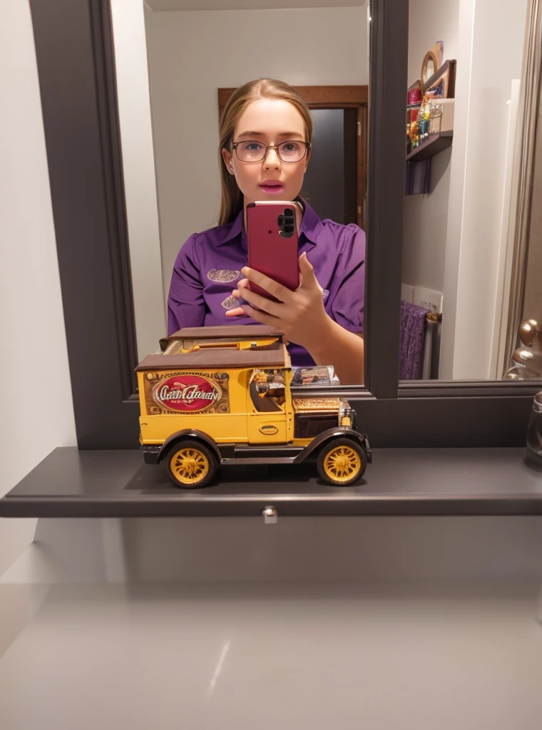a beautiful 19 year old american woman,long brown hair,glasses,busty,pale white skin,purple collared shirt,mirror selfie,detailed face,intricate facial features,macro detail,detailed eyes,detailed lips,beautiful detailed skin,high quality,photorealistic,8k,ultra-detailed,realistic,vivid colors,natural lighting,warm color tones,portrait