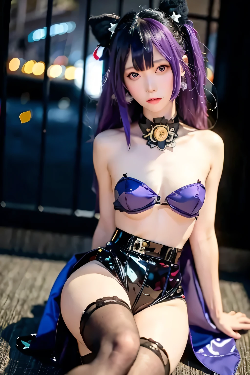 (Realistic style:1.1), masterpiece, best quality, absurd, Looking at the audience, Solitary,{{ Keqing (Magnificent) (Genshin Impact)}}, Keqing (Genshin Impact), Official Alternate Costumes, skirt, cone Hair Bun, night, Strapless skirt, Long hair, cleveage, black skirt, Hair Bun, Strapless, Bare shoulders, {Purple Hair:1.}, Bangs, bow, Separate collar, Purple Eyes, Diamond-shaped pupil, nude,Expose,Ribbon, Hammerhead, Double tail, two-tone skirt, Medium breasts, Hair accessories, black bow, Blue Butterfly, hair Ribbon, blue skirt, bowtie, Hair between the eyes, outdoor, night, Fireworks, {Smile}, Purple Hair, {{Black Legwear:1.5}}, armband,High heel, {{1 Girl}},{{whole body}},{{Black over-the-knee stockings}},