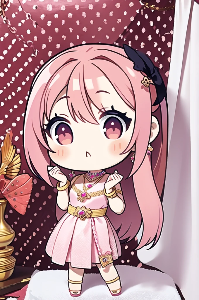 (chibi:1.4),(masterpiece:1.2), (best quality:1.2),looking at viewer,dramatic pose,(simple background)
1girl,(sabai:1.35),(jewelry:1.3),(pink dress),long hair,bang
,