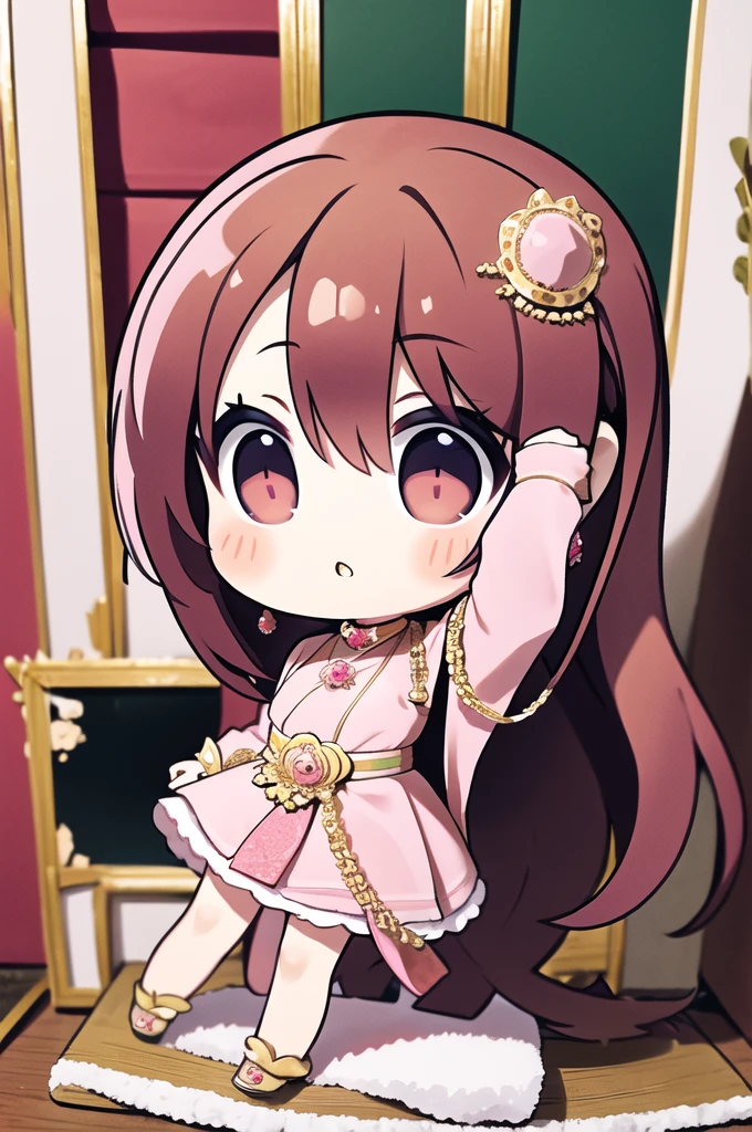 (chibi:1.4),(masterpiece:1.2), (best quality:1.2),looking at viewer,dramatic pose,(simple background)
1girl,(sabai:1.35),(jewelry:1.3),(pink dress),long hair,bang
,