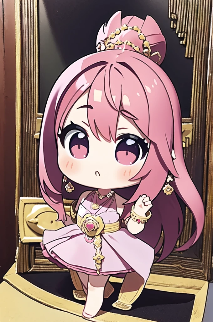 (chibi:1.4),(masterpiece:1.2), (best quality:1.2),looking at viewer,dramatic pose,(simple background)
1girl,(sabai:1.35),(jewelry:1.3),(pink dress),long hair,bang
,