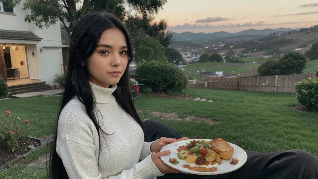 a girl(who is wearing white highneck sweater and black pant, long black hair ) is serving food to an old women with a plate of food in both of her hand, side pose,more realistic, background green hills, evening scene