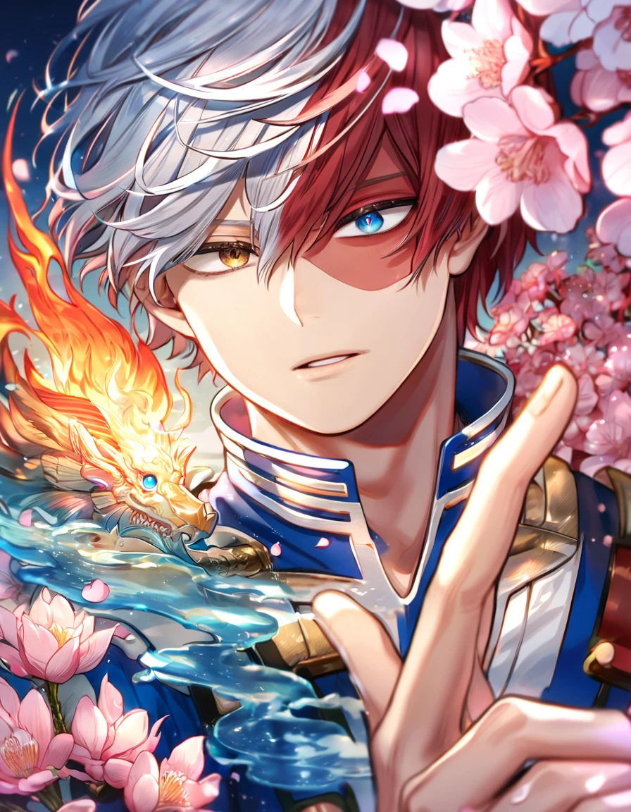 Ultra detailed, highres, absurdres, HDR, master piece, Todoroki Shouto, bicolor hair, right side is white, left side is red, heterochromia, right eye is grey, left eye is blue, Boku No Hero Academia, fantasy, pink petals, water, pink flowers, handsome, sexy man, solo, best quality, blossoms, blue shining fireflies, blue clothes, ice and fire, magical,
