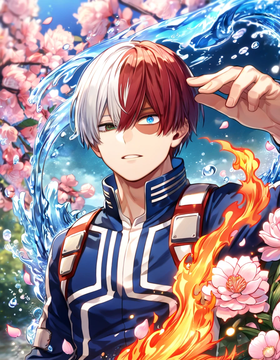 Ultra detailed, highres, absurdres, HDR, master piece, Todoroki Shouto, bicolor hair, right side is white, left side is red, heterochromia, right eye is grey, left eye is blue, Boku No Hero Academia, fantasy, pink petals, water, pink flowers, handsome, sexy man, solo, best quality, blossoms, blue shining fireflies, blue clothes, ice and fire, magical, 