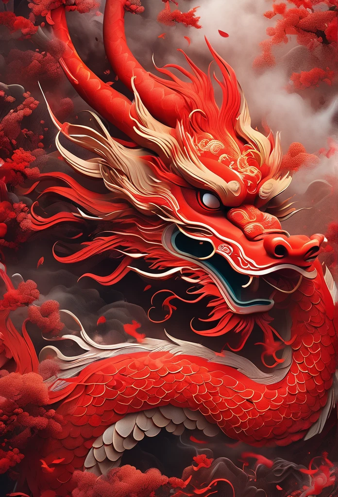 On the poster of a Chinese TV drama, there is a red Chinese dragon, Solo,very tame, calm mood, vibrant Chinese dragon style, oshare kei, uhd image, maggismo, photobashing, red, safflower elements, smoke covered in dreamlike and delicate details, 8k