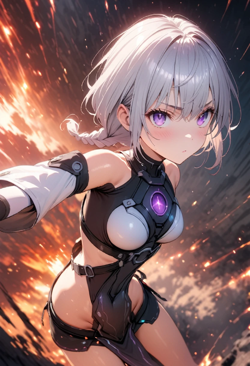 ((masterpiece, highest quality, Highest image quality, High resolution, photorealistic, Raw photo, 8K)), ((Extremely detailed CG unified 8k wallpaper)), (huge stunning goddess shot, very hot and sexy, jaw-dropping beauty, perfect proportions, beautiful body, slim body beauty:1.1), cryptic girl, 2 girl, Long silver hair, two braids, big eyes staring at the camera in a dynamic pose.