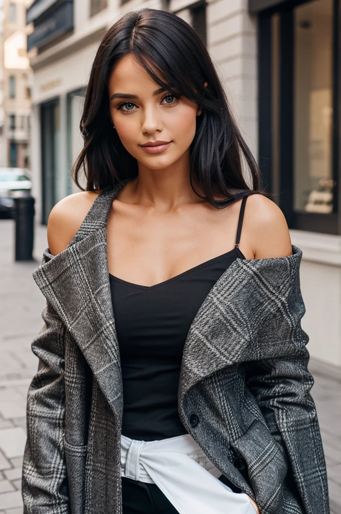 A lady, wearing a half shoulder and out coat Black
