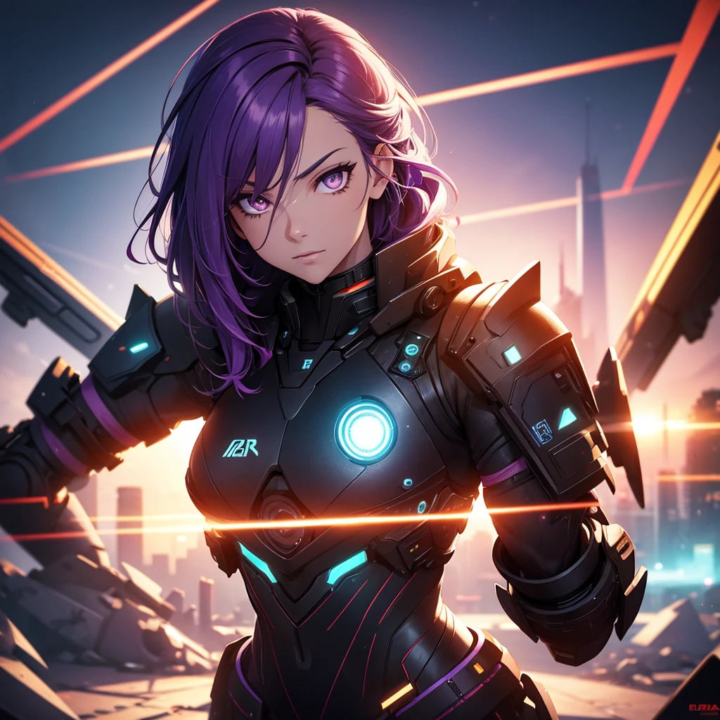 a man with purple hair, orange eyes, futuristic background, best quality, 4k, 8k, highres, masterpiece:1.2, ultra-detailed, realistic, photorealistic, photo-realistic:1.37, HDR, UHD, studio lighting, ultra-fine painting, sharp focus, physically-based rendering, extreme detail description, professional, vivid colors, bokeh, science fiction, cinematic lighting, dramatic shadows, glowing eyes