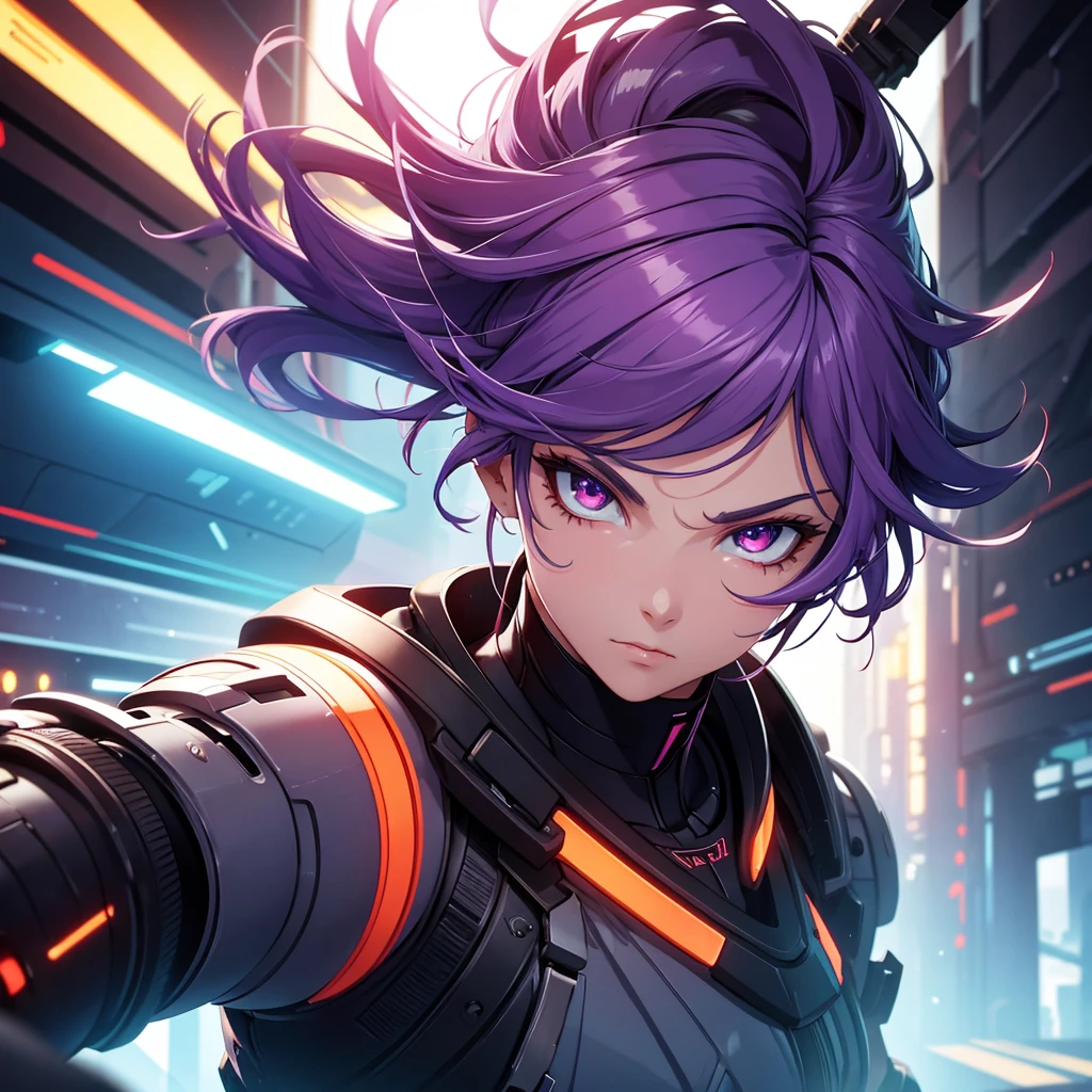 a man with purple hair, orange eyes, futuristic background, best quality, 4k, 8k, highres, masterpiece:1.2, ultra-detailed, realistic, photorealistic, photo-realistic:1.37, HDR, UHD, studio lighting, ultra-fine painting, sharp focus, physically-based rendering, extreme detail description, professional, vivid colors, bokeh, science fiction, cinematic lighting, dramatic shadows, glowing eyes