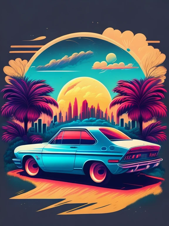 Soon circulate with a car, lush urban landscape, stylized t-shirt design, middle of the journey, vibrant vector art, hidro74.