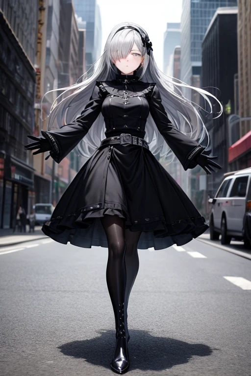 ((best quality)), ((masterpiece)), (detailed), 1 girl, Full body, 18 years old, Depressed face, Silver eyes, Arms outstretched, Arms behind waist, Metal covering her eyes, Blushing, Silver hair, Straight hair, Bangs, strand of hair covering her eye, Full body, Medium breasts, Slim body, Hands with yellow stars, Gray wristbands, Long black gloves with spikes, Gray goth outfit, Gothic lolita, Metal emblem, Somewhat tight, Black belt, Metallic legs, Black pantyhose, Black boots, Walking through the city, City background, Anime