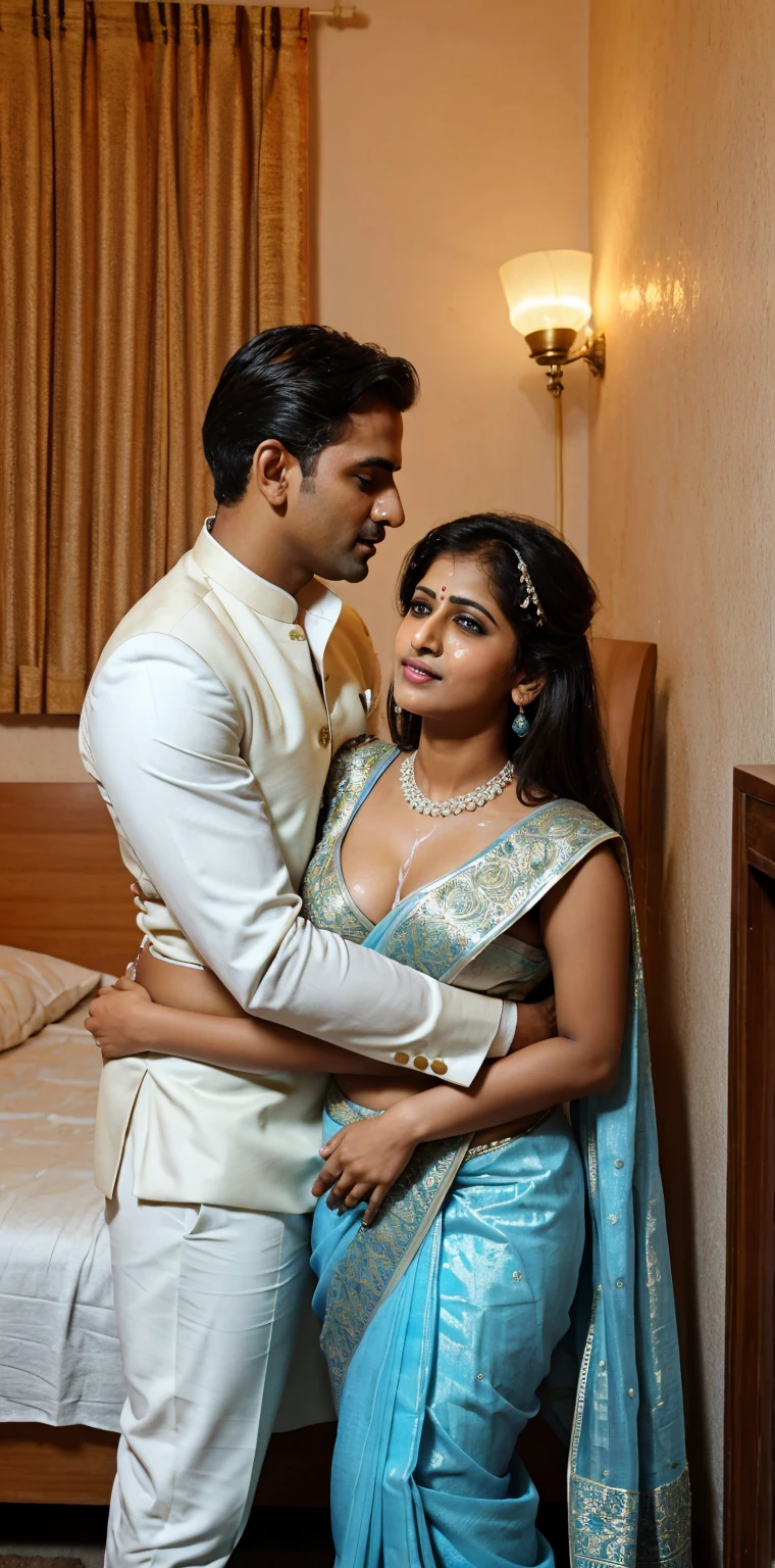 Indian women with blonde man, Indian women wear light blue full saree and British man wear white formal dress in bedroom, they are hugging pose, too much cum on Indian women face, cumshot on Indian women face