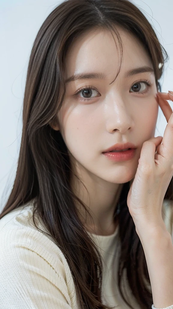 (8K、Raw photo、Highest quality、masterpiece:1.2)、(Realistic、Realistic:1.37)、Ultra-high resolution、One Girl、cute、alone, Browsing Caution,Highest quality,masterpiece,8K,Droopy eyes,Big Breasts,Beautiful breasts, smile, Plain background, Close-up photo of a woman wearing a white knitted sweater, Highly detailed face, Highly detailed lips, double eyelid, Exquisite detail and subtle sparkle, Photograph her in poses that reflect both grace and confidence, Enhance visual effects with cinema lighting. Use modern 2D designs for your backgrounds, Create beautifully, Balanced composition. Enhance the scene with elements such as depth of field, bloom effect, And a touch of sparkle, Adds a dreamy texture to the entire image. Pay close attention to detail
