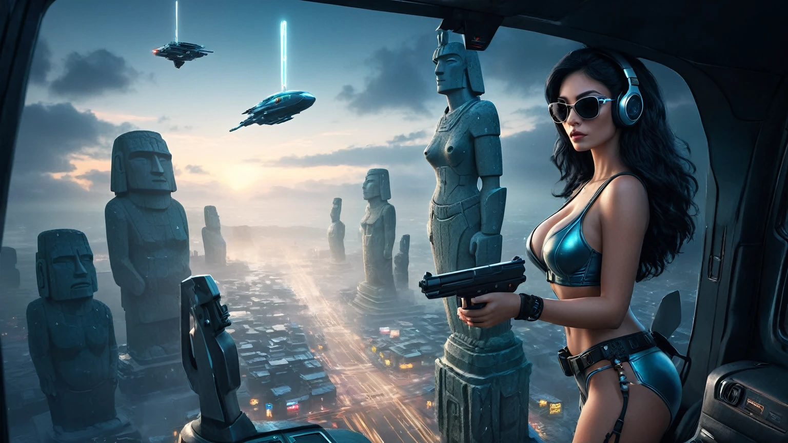 At night, dark sky, distant shot aerial view of fantasy cyberpunk style ice ((Moai-statue)) city, ((flying car)). ((1girl, solo, alone)), medium-breast:1.1 slim body, cleavage, sexy clothes, (headphone, black sunglasses, long black realistic hair), (((hip-up standing and holding pistol))), half-body thigh level medium shot, cinematic lighting.