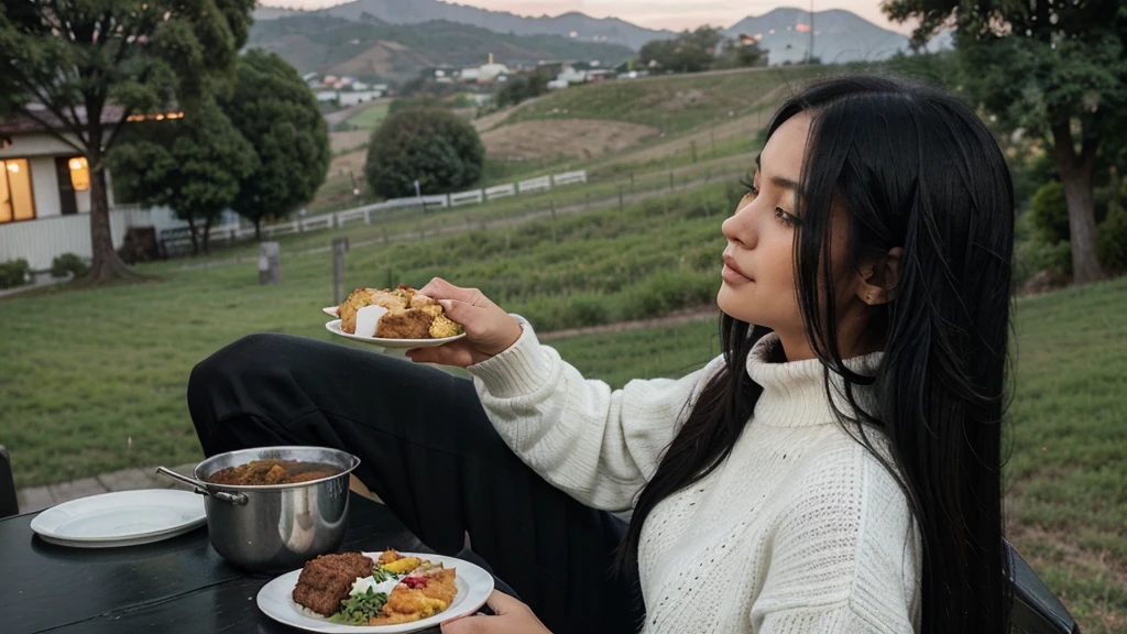 a girl(who is wearing white highneck sweater and black pant, long black hair ) is serving food to an old women with a plate of food in both of her hand, side pose,more realistic, background green hills, evening scene