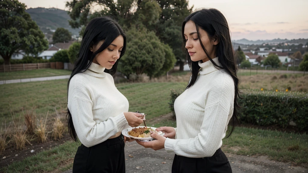 a girl(who is wearing white highneck sweater and black pant, long black hair ) is serving food to an old women with a plate of food in both of her hand, side pose,more realistic, background green hills, evening scene