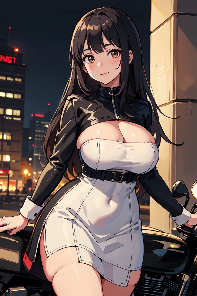 masterpiece, best quality, highly detailed background, perfect lighting, best quality, (extremely detailed face), volumetric lighting, intricate details, shadow, tonemapping, sharp focus, hyper detailed, trending on Artstation, (solo) ((Looking at the viewer)), ((city night background)) .Girl with long black hair. Brown eyes. curvy. Blush, Clear skin. Big bust. Smile. ((leather dress)) ((motorcycle))