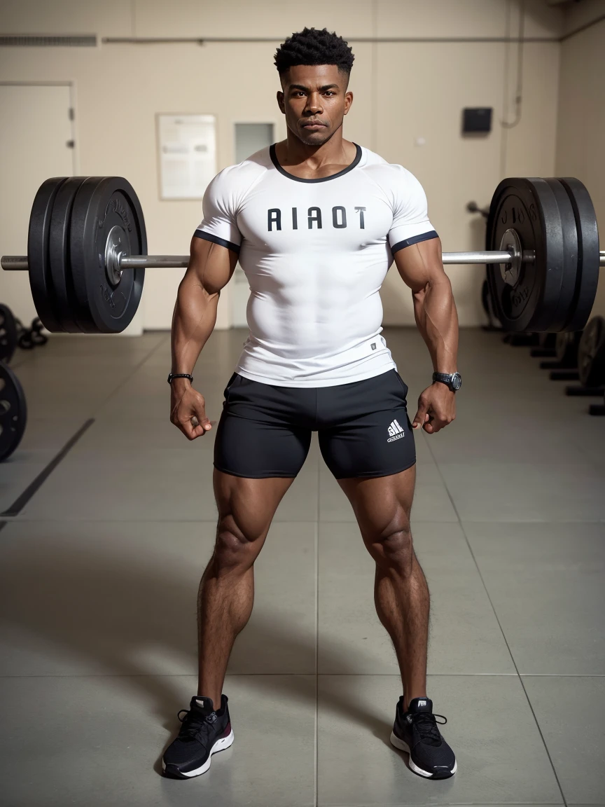 full body shot, portrait of a strong (nigger) 50 year old gym trainer, fit body, short black hair, t-shirt (calm pose), (black skin)