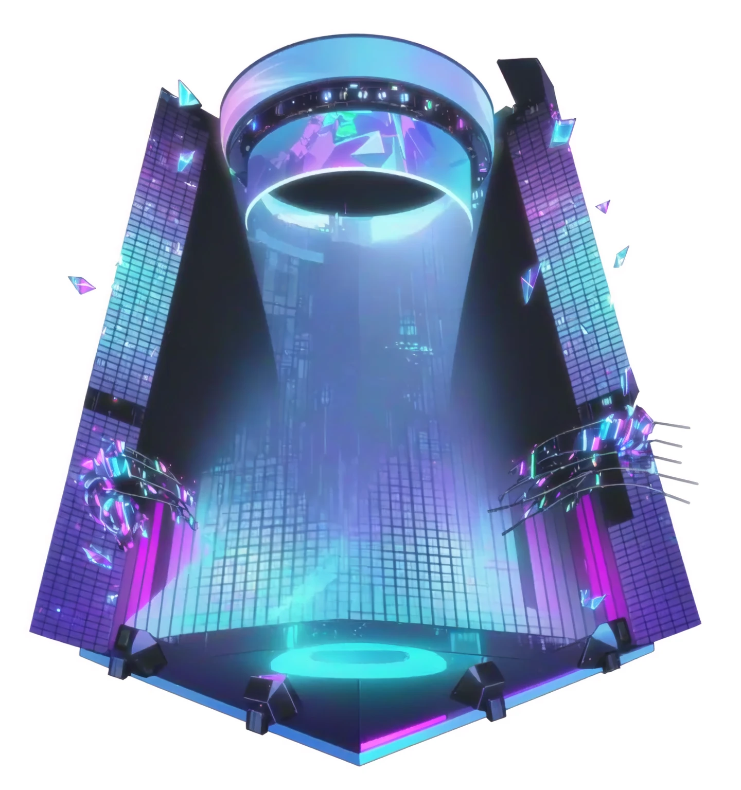 Close-up of stage with musical notes, Anime style,ethereal Holographic Center, Vaporwave lighting, Futuristic Tower, Vaporwave lighting style, 巨大的Hologram, New Tokyo Source, Holographic Center, Futuristic Background, Futuristic decoration, Rainbow Cybernetic Processor, Hologram, Nightclub, Holographic projection, Vapor Wave Light