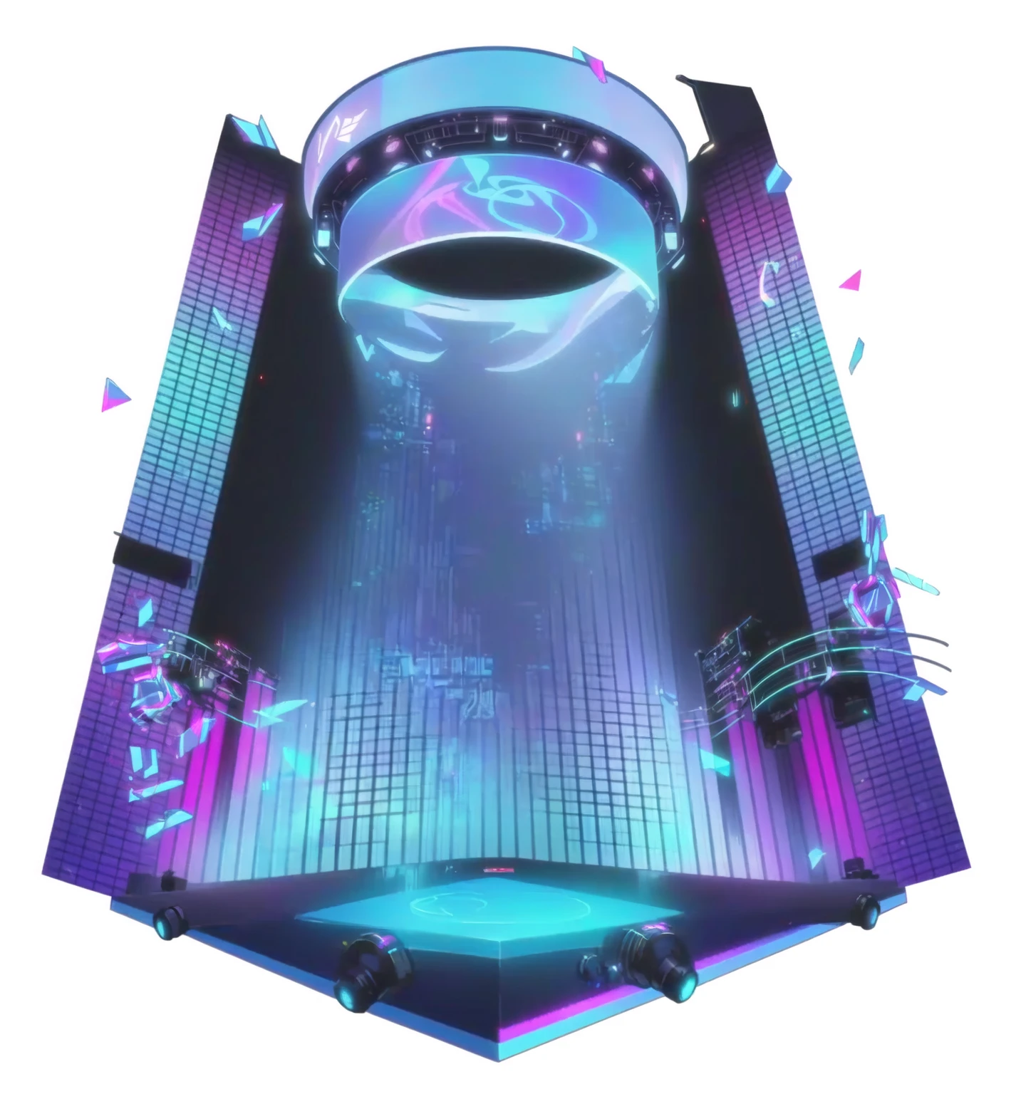 Close-up of stage with musical notes, Anime style，ethereal Holographic Center, Vaporwave lighting, Futuristic Tower, Vaporwave lighting style, 巨大的Hologram, New Tokyo Source, Holographic Center, Futuristic Background, Futuristic decoration, Rainbow Cybernetic Processor, Hologram, Nightclub, Holographic projection, Vapor Wave Light