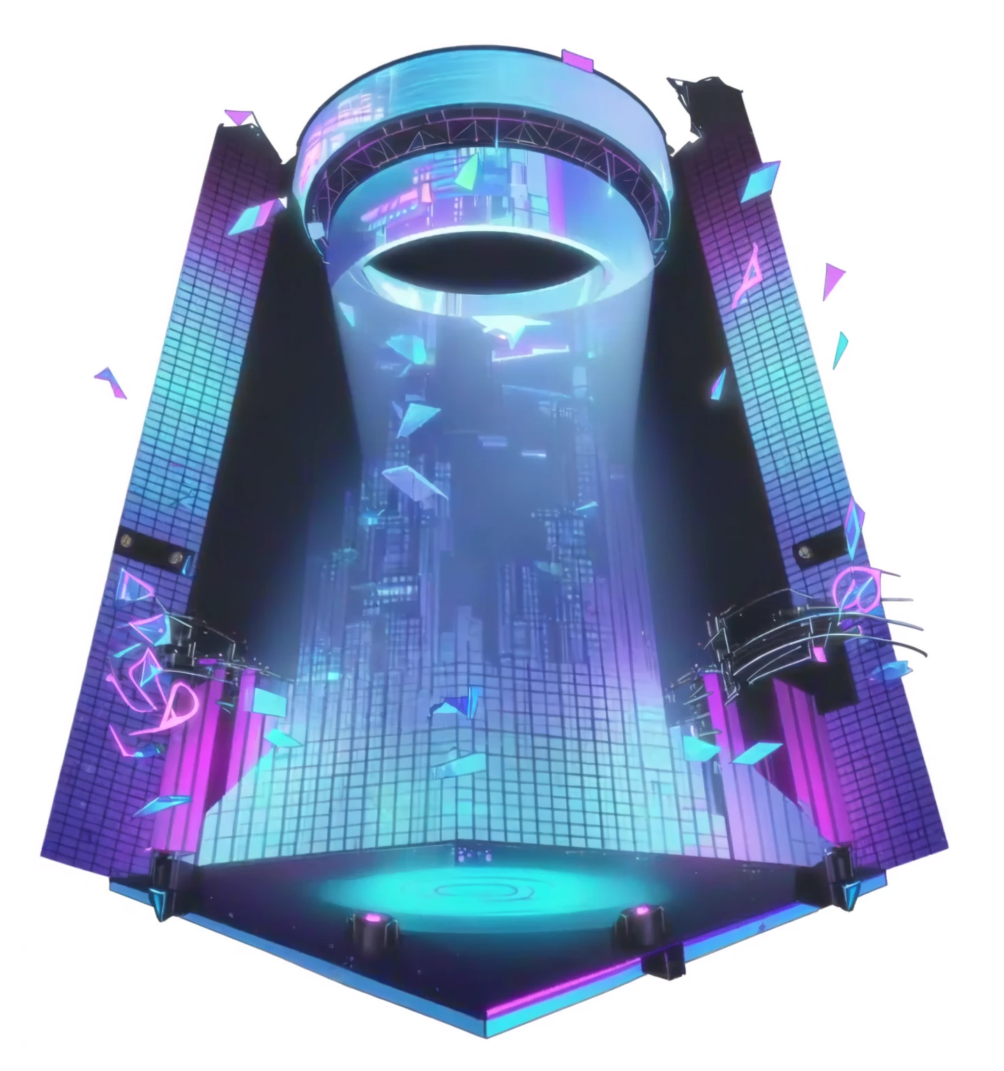 Close-up of stage with musical notes, Anime style，ethereal Holographic Center, Vaporwave lighting, Futuristic Tower, Vaporwave lighting style, 巨大的Hologram, New Tokyo Source, Holographic Center, Futuristic Background, Futuristic decoration, Rainbow Cybernetic Processor, Hologram, Nightclub, Holographic projection, Vapor Wave Light