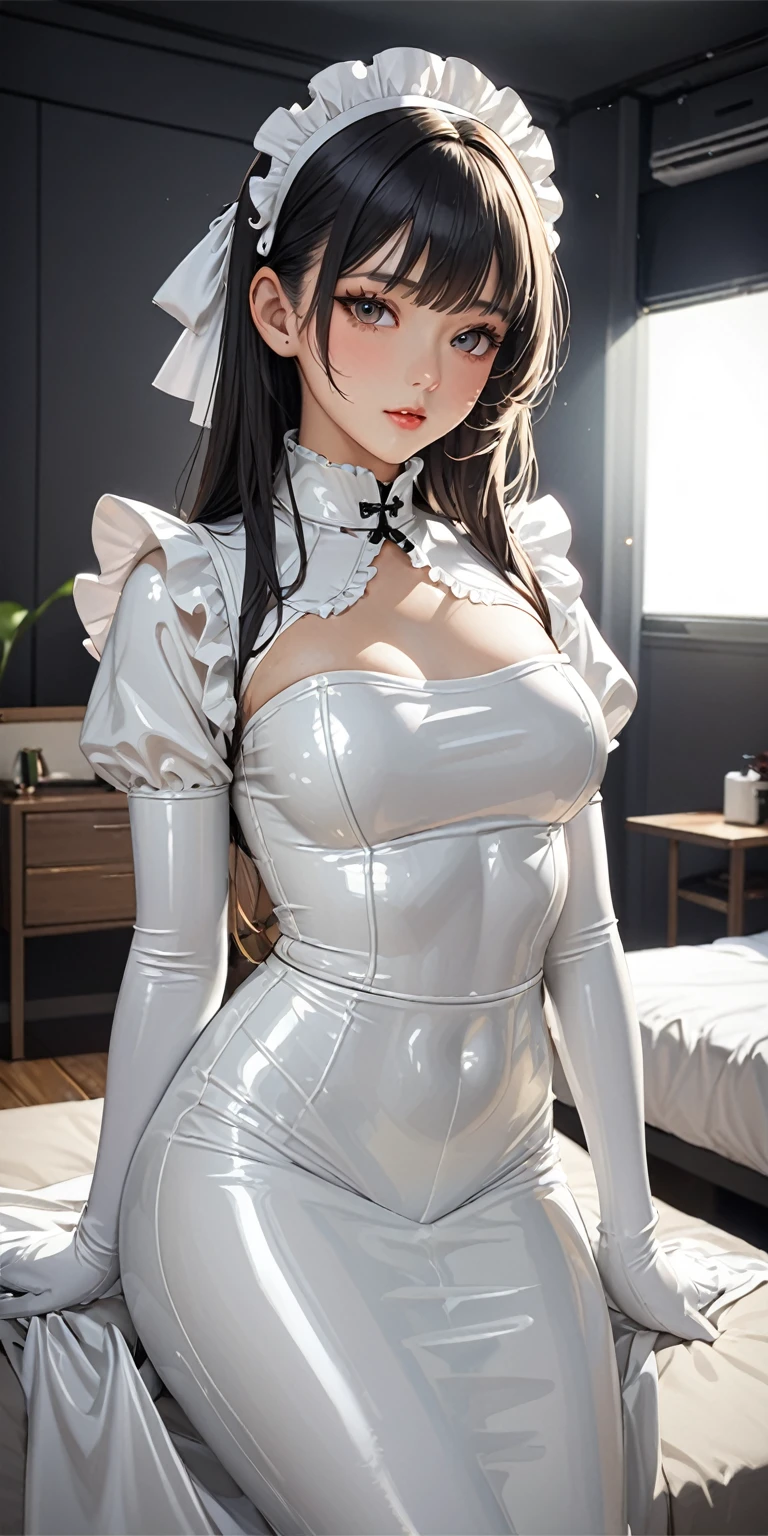 Portraiture、(masterpiece,Highest quality,Ultra-high resolution),Japanese women, (((Very beautiful 25 year old girl))),(White latex maid outfit)、((White latex long skirt))、(A long-sleeved latex shirt that covers the upper body)、White latex gloves、White latex socks、White Latex Bodysuit、Frills、The clothes fit snugly to the body、Latex is very shiny、Dark Room、