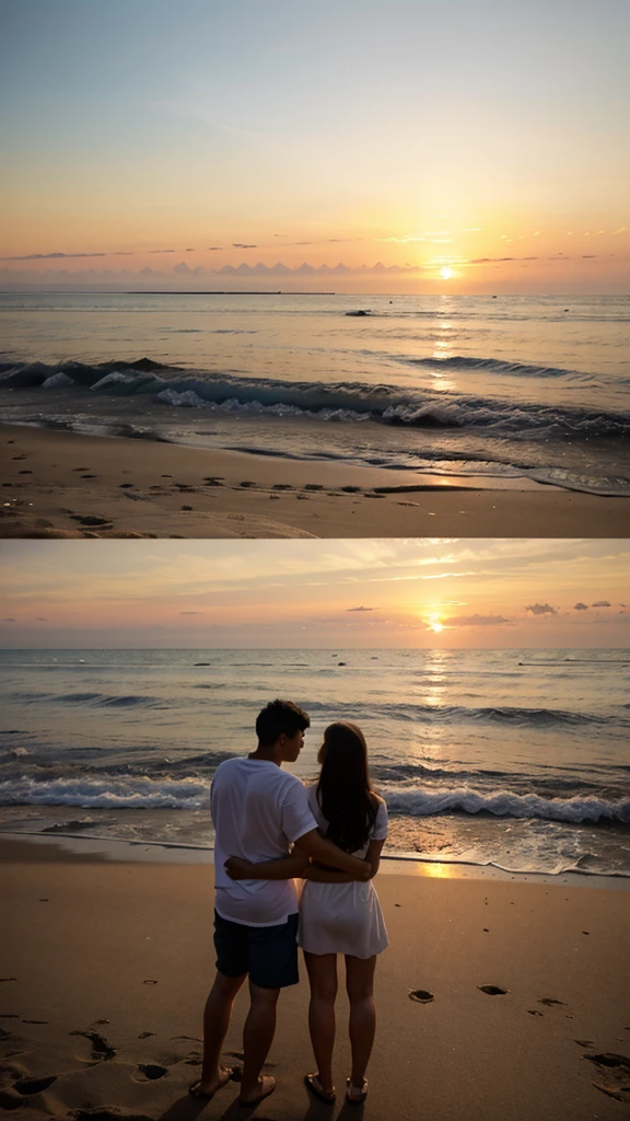 ((Couple watching sunset on quiet sands on shallow seaside beach、Snuggling、Couple holding hands and watching the sunset、Sunset seen from between the shadows of two people、Big sun setting on the horizon、The sunset turns the entire sky bright red、The area is Xu々It's getting dark、Two people side by side to shoot the sunset from behind)):1.8、8K、Raw photo、Highly detailed background，Realistic，ultra-detailliert，super detailed skin，light glow，Film grain，Expro II，Lens Flare，Sharpen，cinematic shadow、Photorealsitic