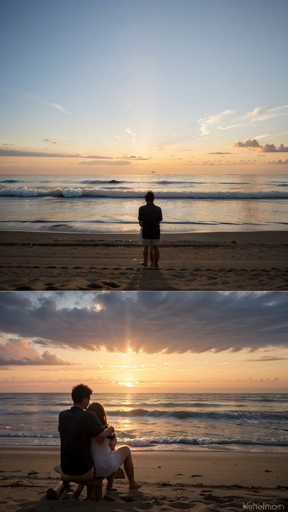 a couple watching the Sunset in a beach, looking the horizon