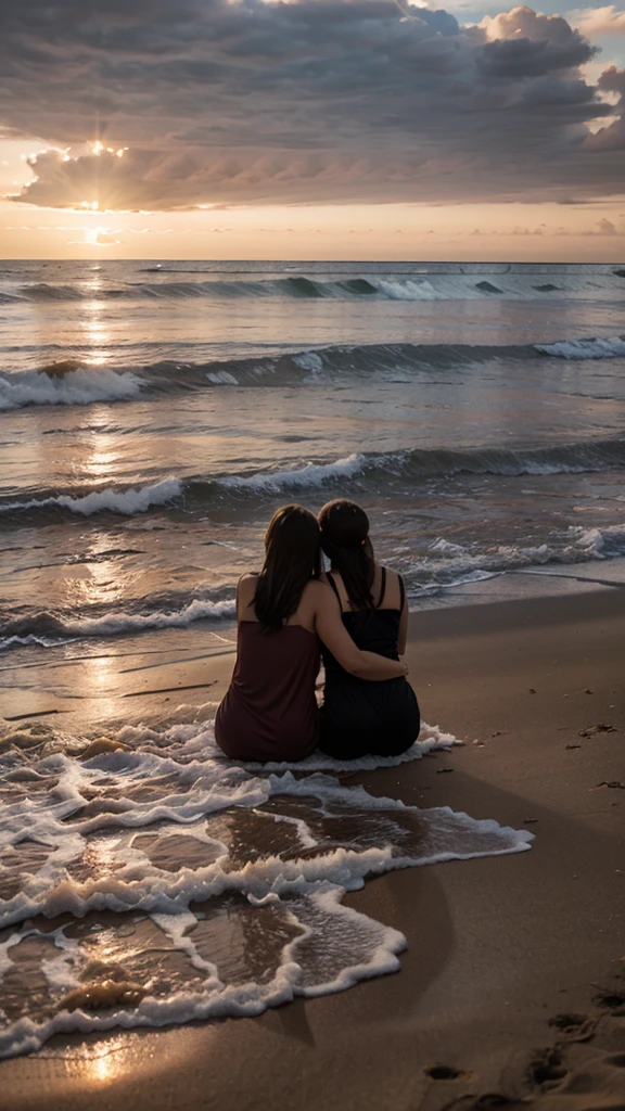 Two girls embracing eachother, a brunette and a blonde, the blonde wearing a black bikini and the brunette wearing a white bikini, sitting on the beach with a sunset in the  background , facing the camera and smiling , their big breasts are touching eachother. The sunset background is spiced up with a colored fog and the sharpest sunray that is coming through the fog is shining directly upon the girls. flowers grow in the sand and some birds are high in the sky. from the left side of the image a tiny friendly sheep is looking around the corner towards the camera and from the right side a smiling tiny woolf is doing the same