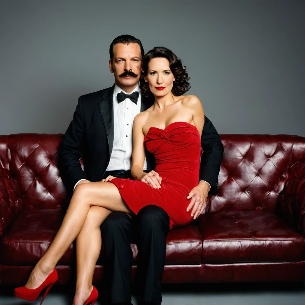 The man in his 45s with black very short hair and smooth face with moustache. The woman in her 45s with brown long wavy hair. The man is dressed in a black suit. The woman is wearing red strapless dress. The man is sitting on black sofa. The woman is sitting on the man's lap. White background. Studio. Posing for magazine cover. HDR. UHD. Cinematic.
